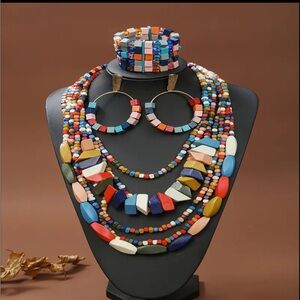 Bohemian Style Wooden Earrings, Bracelet, and Necklace Set
